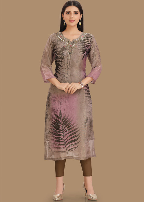 Dark Bottle Green & Lavender Tissue Silk Kurti Straight Cut