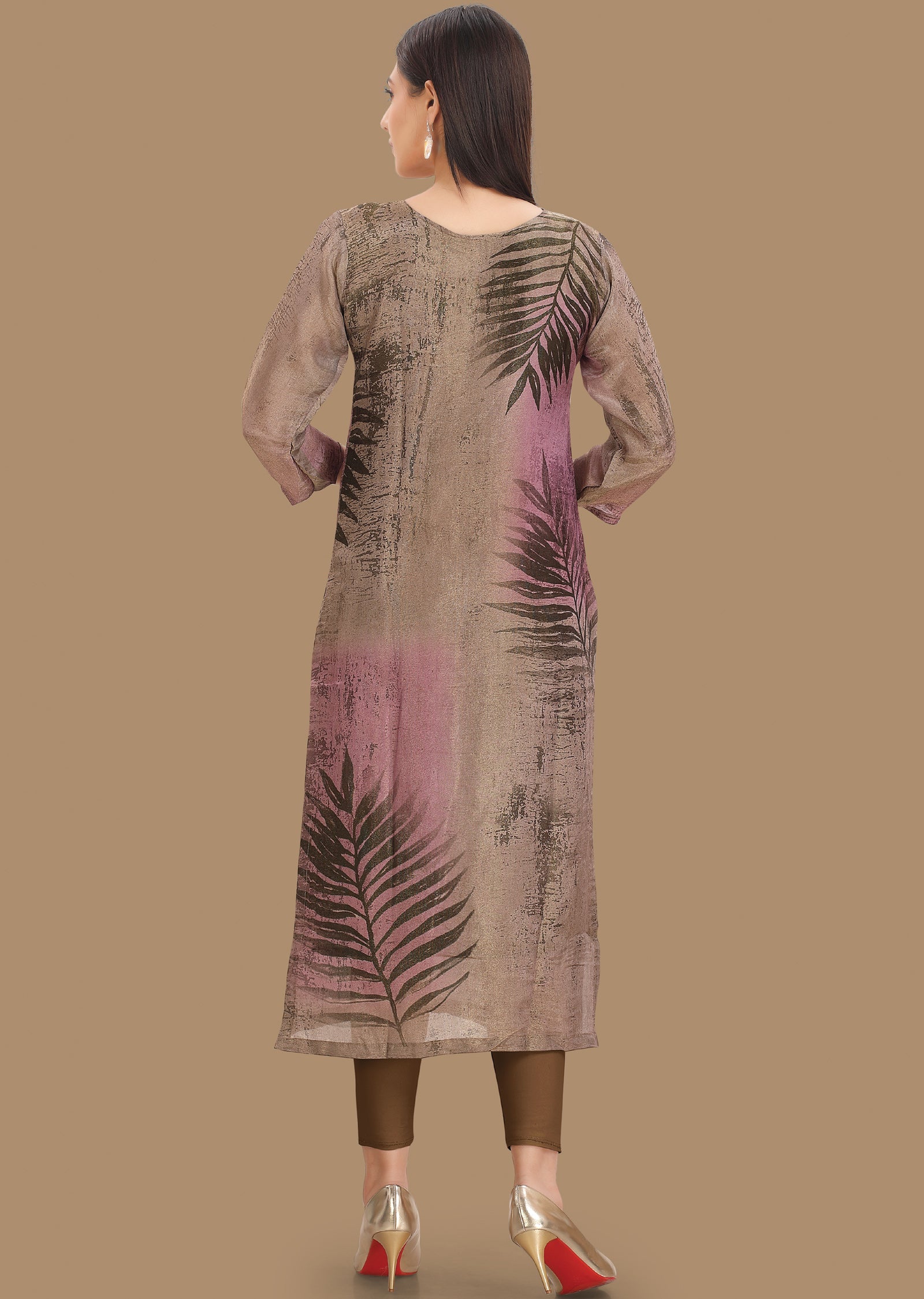 Dark Bottle Green & Lavender Tissue Silk Kurti Straight Cut