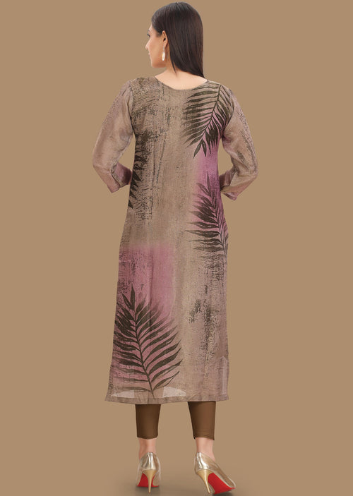 Dark Bottle Green & Lavender Tissue Silk Kurti Straight Cut