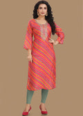 Pink Leheriya Muslin Kurti Straight Cut