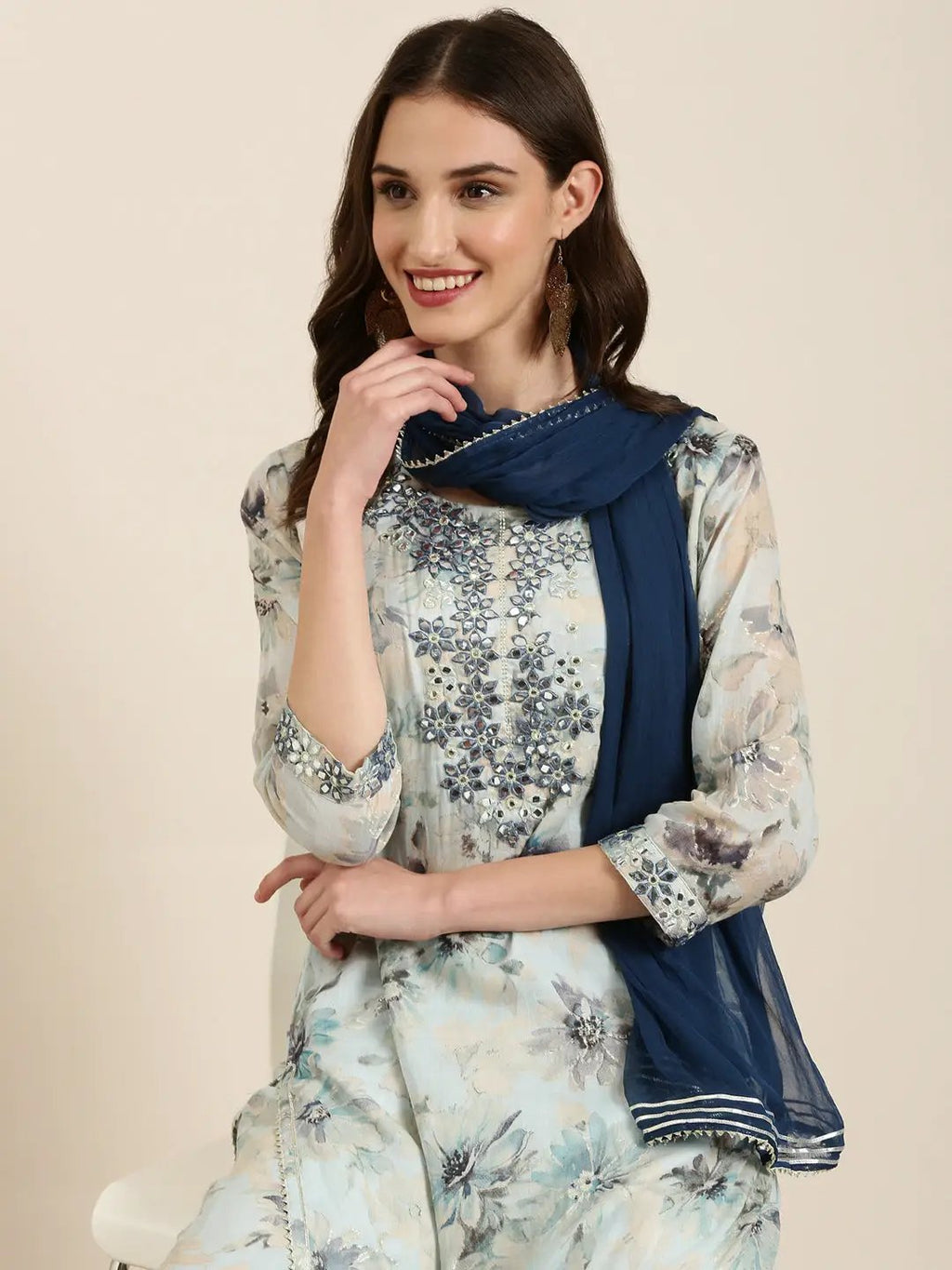 Women's Blue Floral Printed Regular Mirror Work Kurta Set With Dupatta