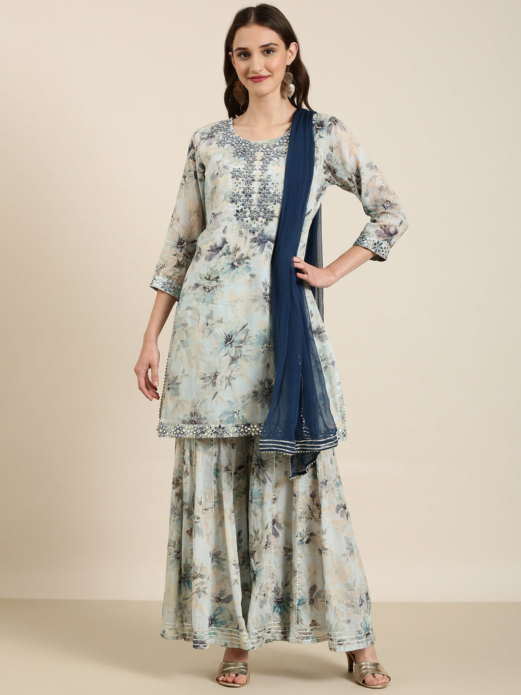 Women's Blue Floral Printed Regular Mirror Work Kurta Set With Dupatta