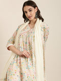 Women's Cream Floral Printed V-Neck Thread Work Kurta Set With Dupatta