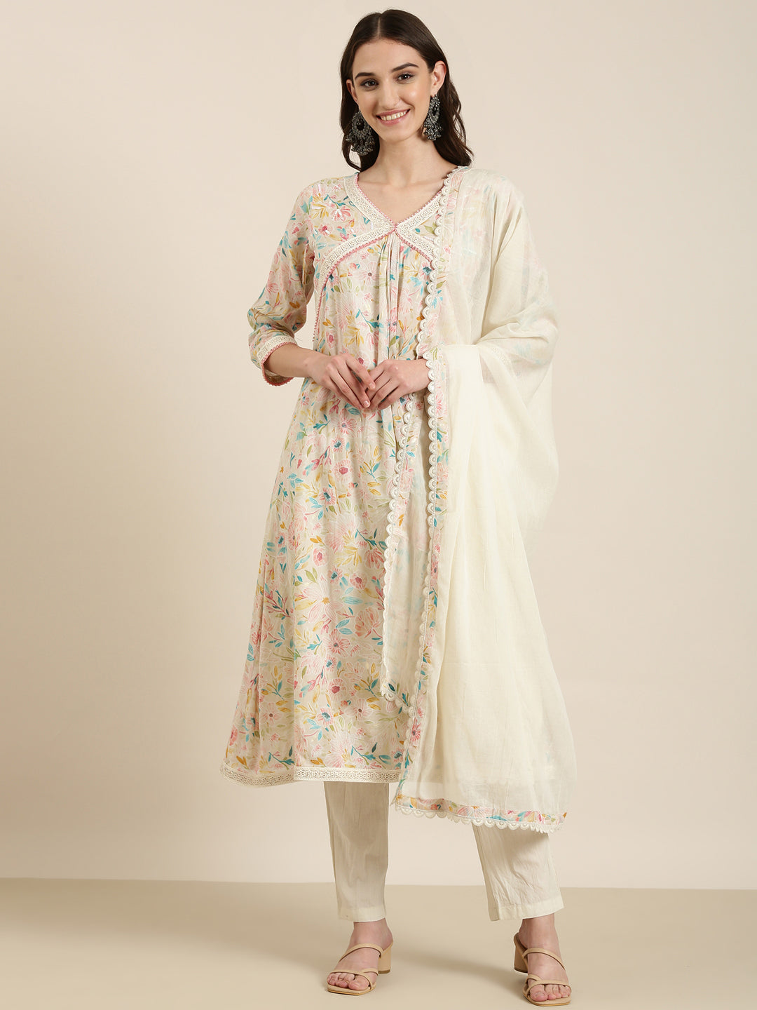 Women's Cream Floral Printed V-Neck Thread Work Kurta Set With Dupatta