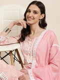 Women's Pink Floral Printed Regular Beads and Stones Kurta Set With Dupatta