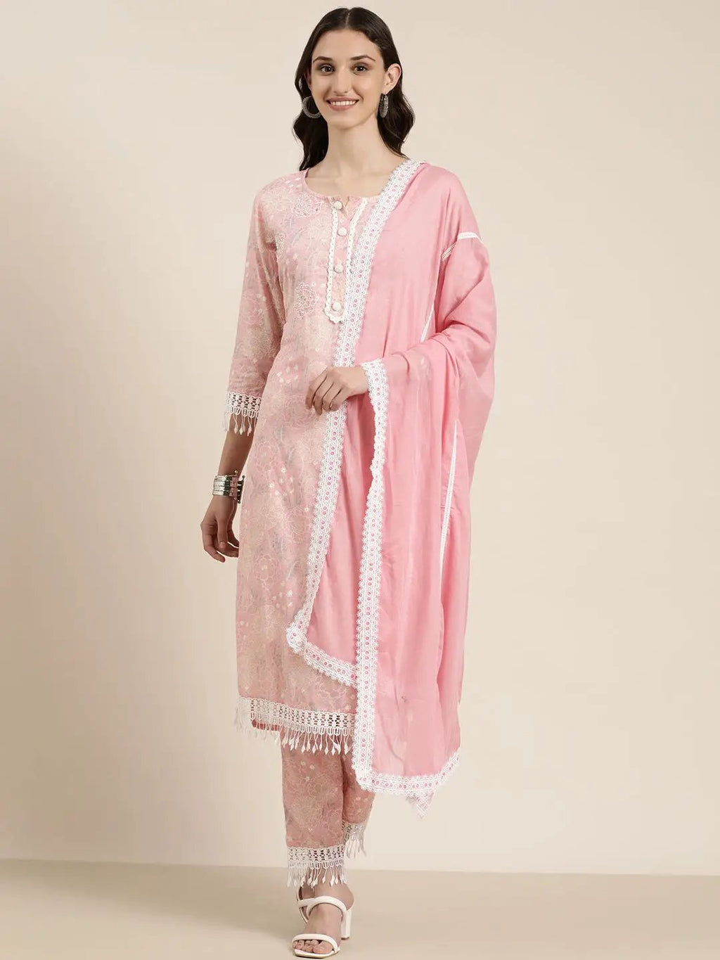 Women's Pink Floral Printed Regular Beads and Stones Kurta Set With Dupatta