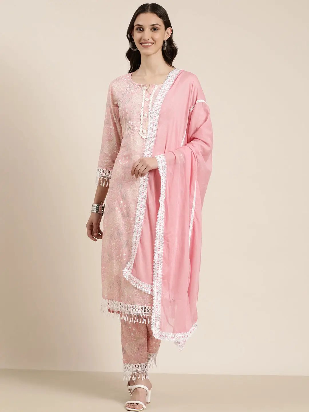 Women's Pink Floral Printed Regular Beads and Stones Kurta Set With Dupatta