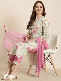 Women's Straight Sea Green Floral Kurta Sets with Trousers & Dupatta