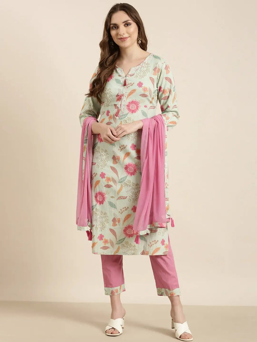 Women's Straight Sea Green Floral Kurta Sets with Trousers & Dupatta