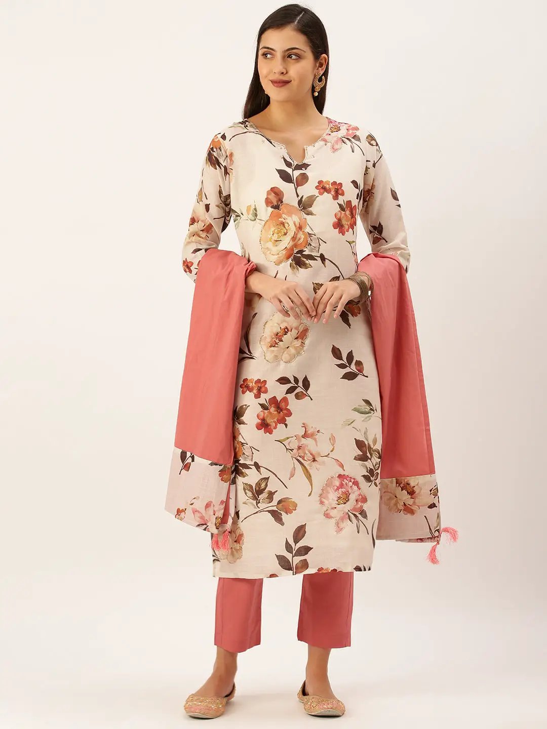 Women's Cream Floral Printed Kurta Sets with Dupatta