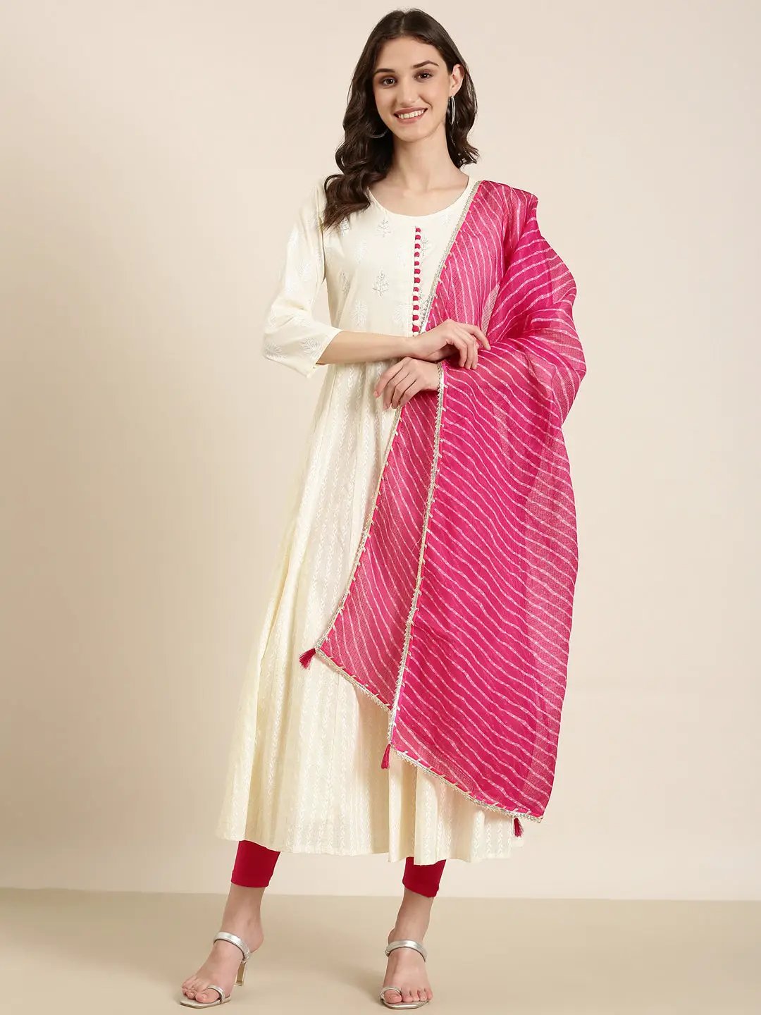 Women's Cream Floral Printed Beads Detail Anarkali Kurta
