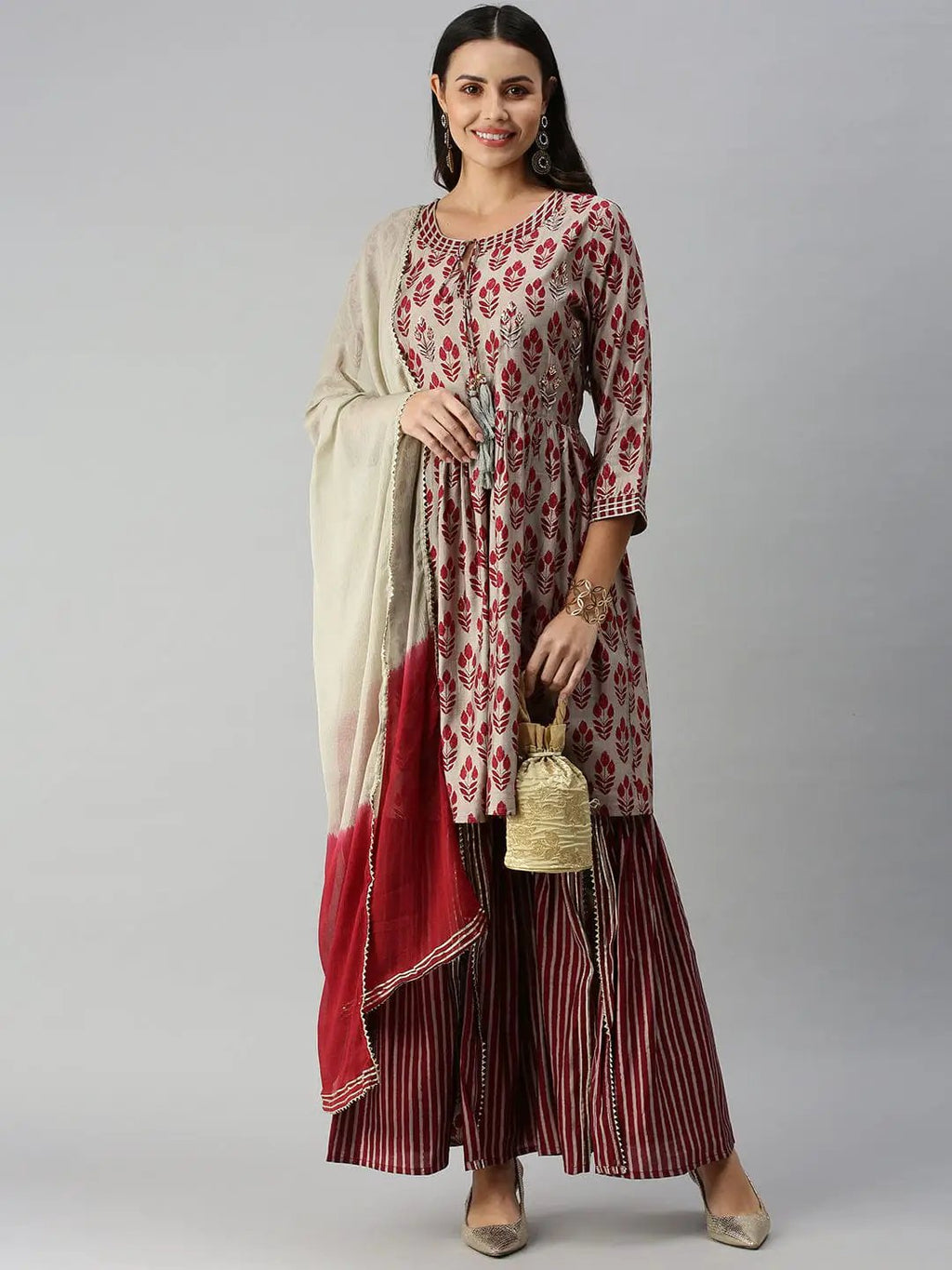 Women's A-Line Taupe Printed Kurta Sets with Sharara