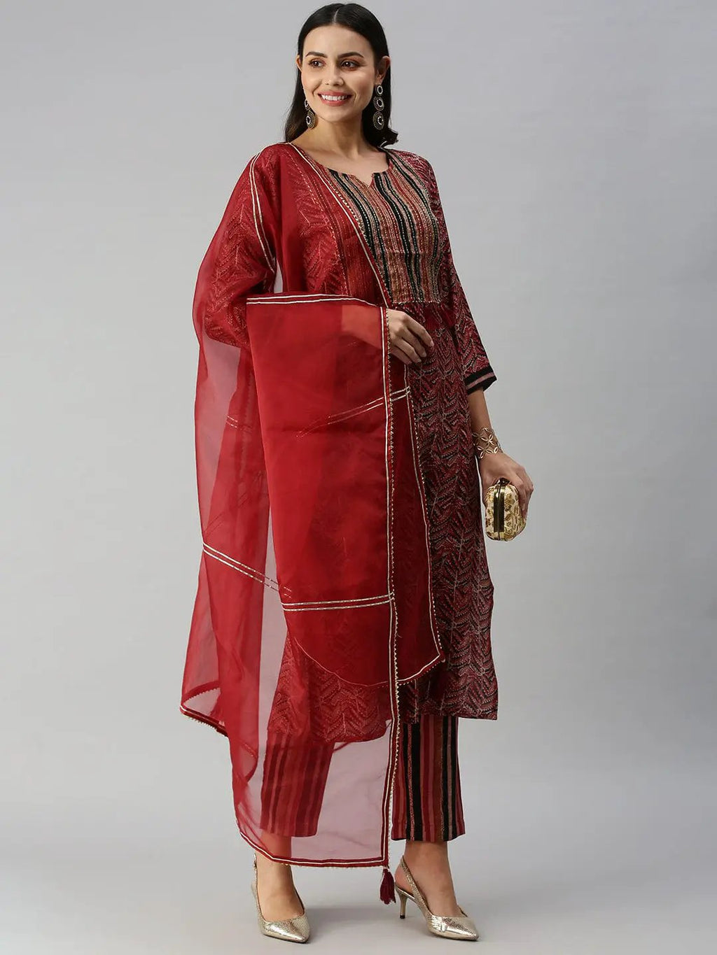 Women's Straight Maroon Yoke Design Kurta Sets With Trousers