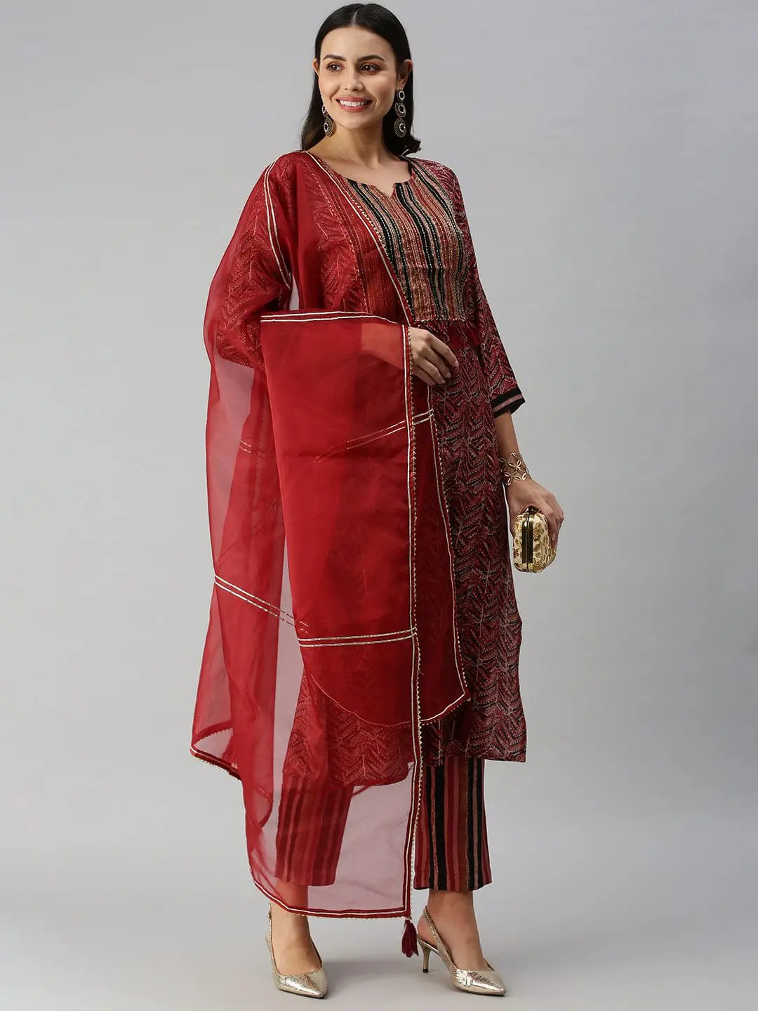 Women's Straight Maroon Yoke Design Kurta Sets With Trousers