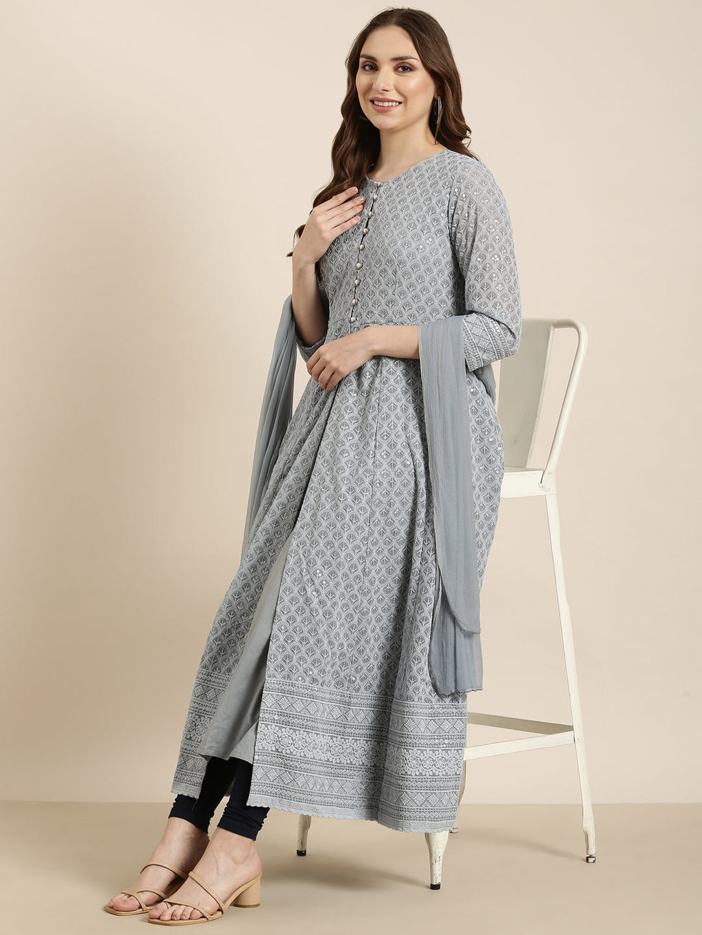 Women's Anarkali Grey Embellished Kurta Sets with Dupatta & Detachable Inner Lining