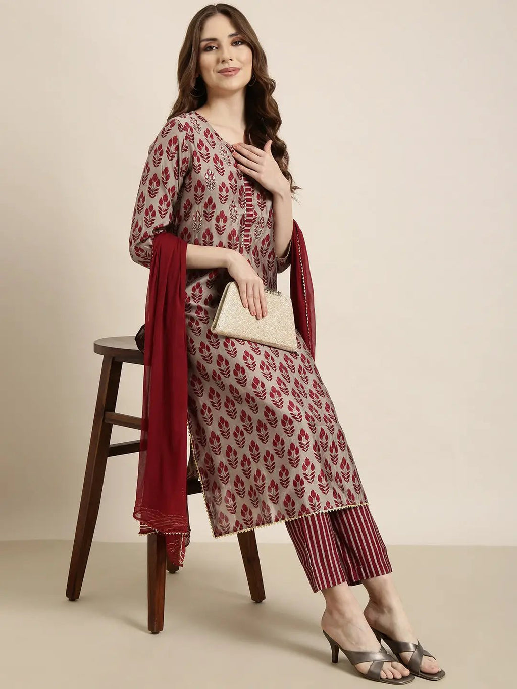 Women's Straight Ethnic Maroon Floral Kurta Sets with Trousers & Dupatta