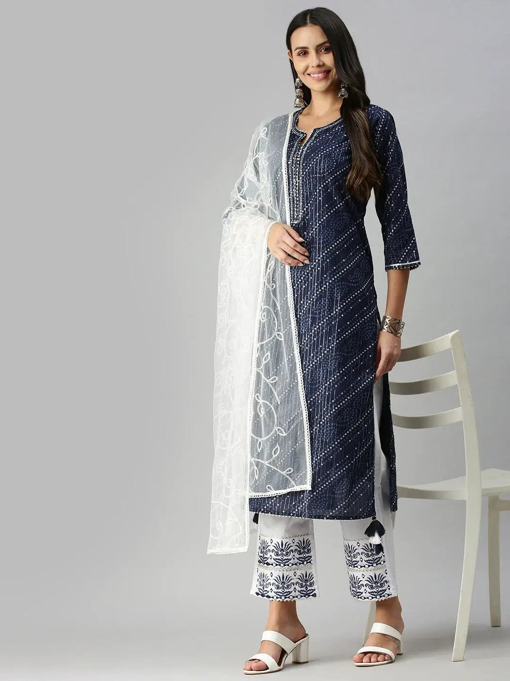 Women's Navy Blue Bandhani Printed Gotta Patti Kurta Sets with Dupatta