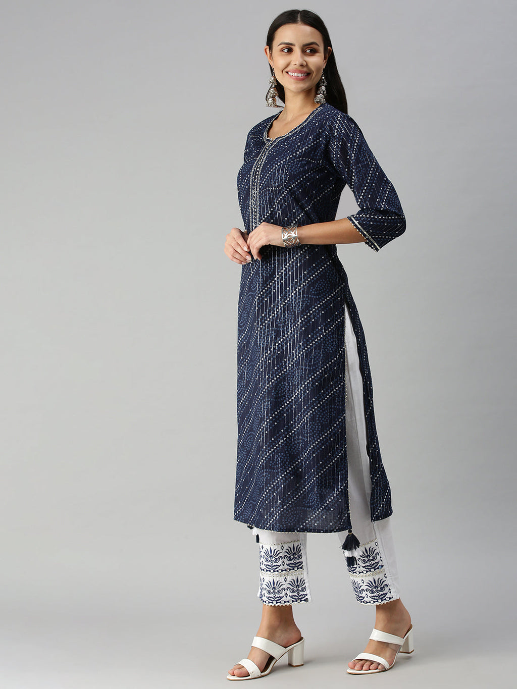 Women's Navy Blue Bandhani Printed Gotta Patti Kurta Sets with Dupatta
