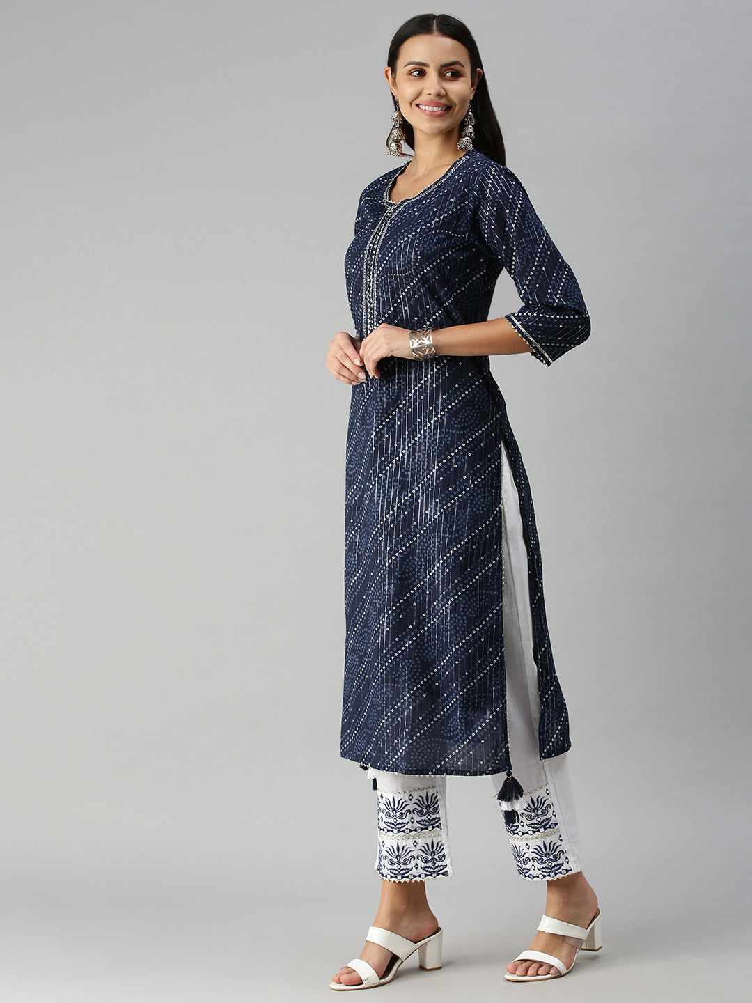 Women's Navy Blue Bandhani Printed Gotta Patti Kurta Sets with Dupatta