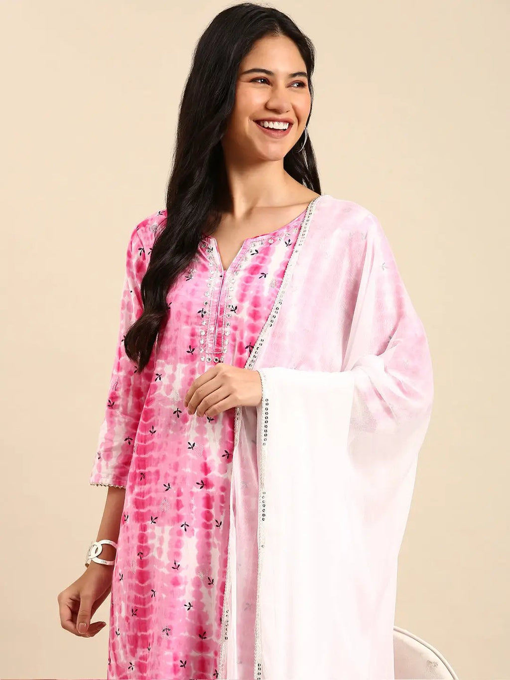 Women's Pink Dyed Mirror Work Kurta Set With Dupatta