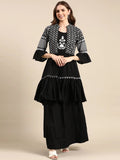 Women's Black Embroidered Panelled Thread Work Kurta Set with Jacket