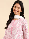 Women's Pink Embroidered Thread Work Kurta Set With Dupatta