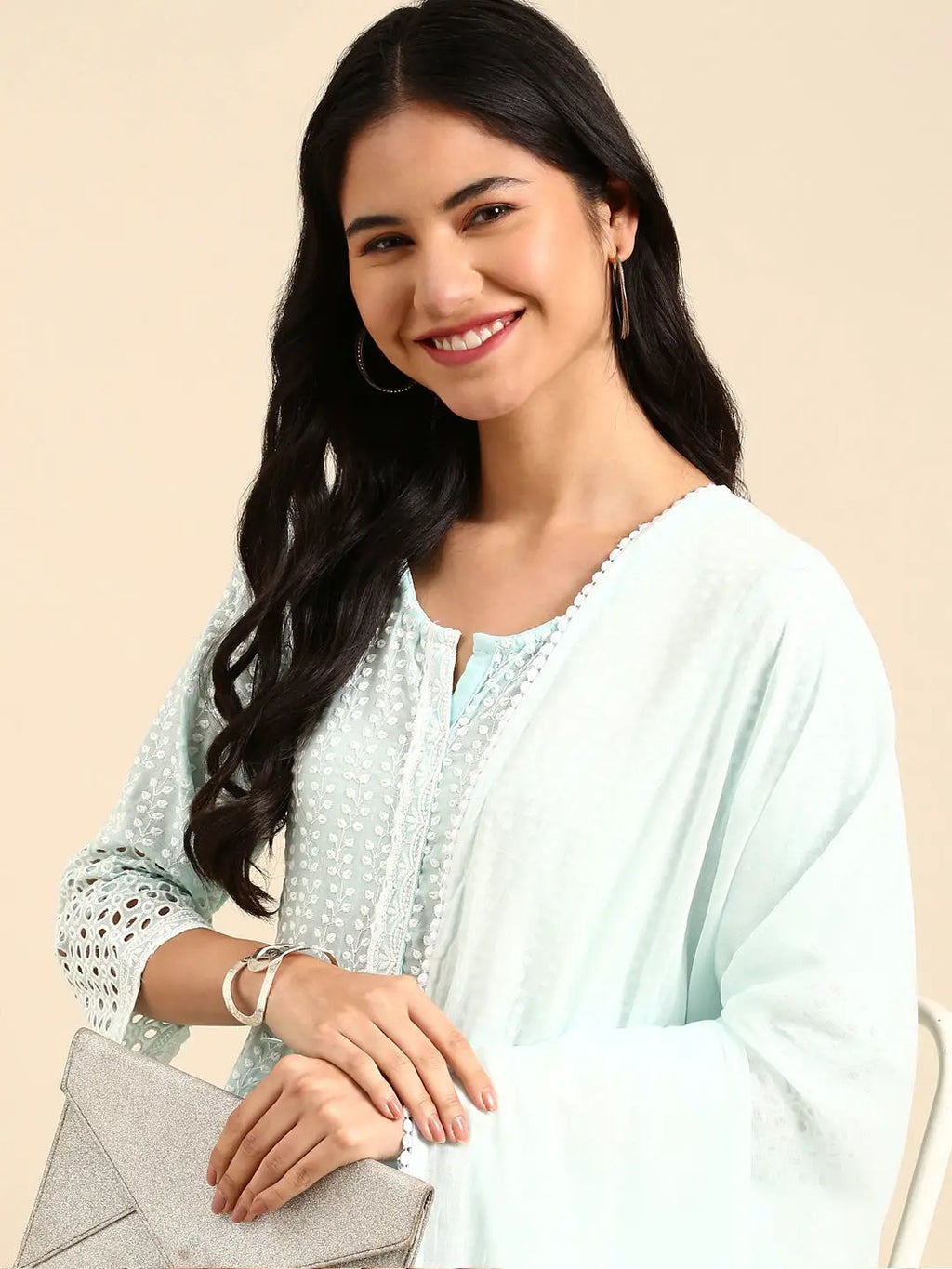 Women's Blue Empire Thread Work Kurta Set With Dupatta