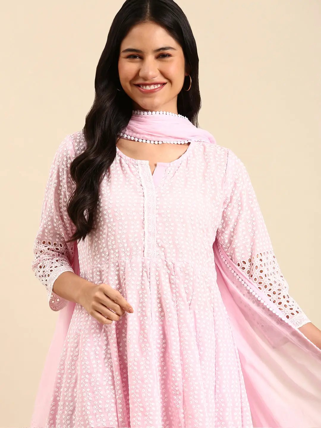 Women's Pink Floral Embroidered Empire Thread Work Kurta Set With Dupatta