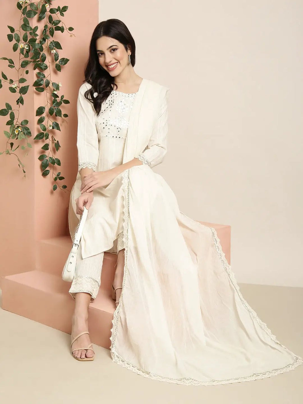 Women's Straight Cream Solid Kurta Sets with Trousers & Dupatta