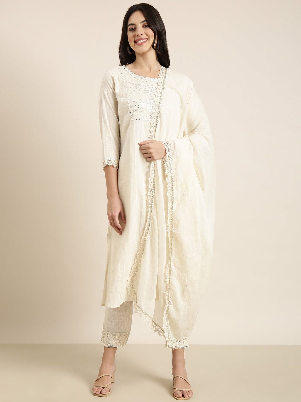 Women's Straight Cream Solid Kurta Sets with Trousers & Dupatta