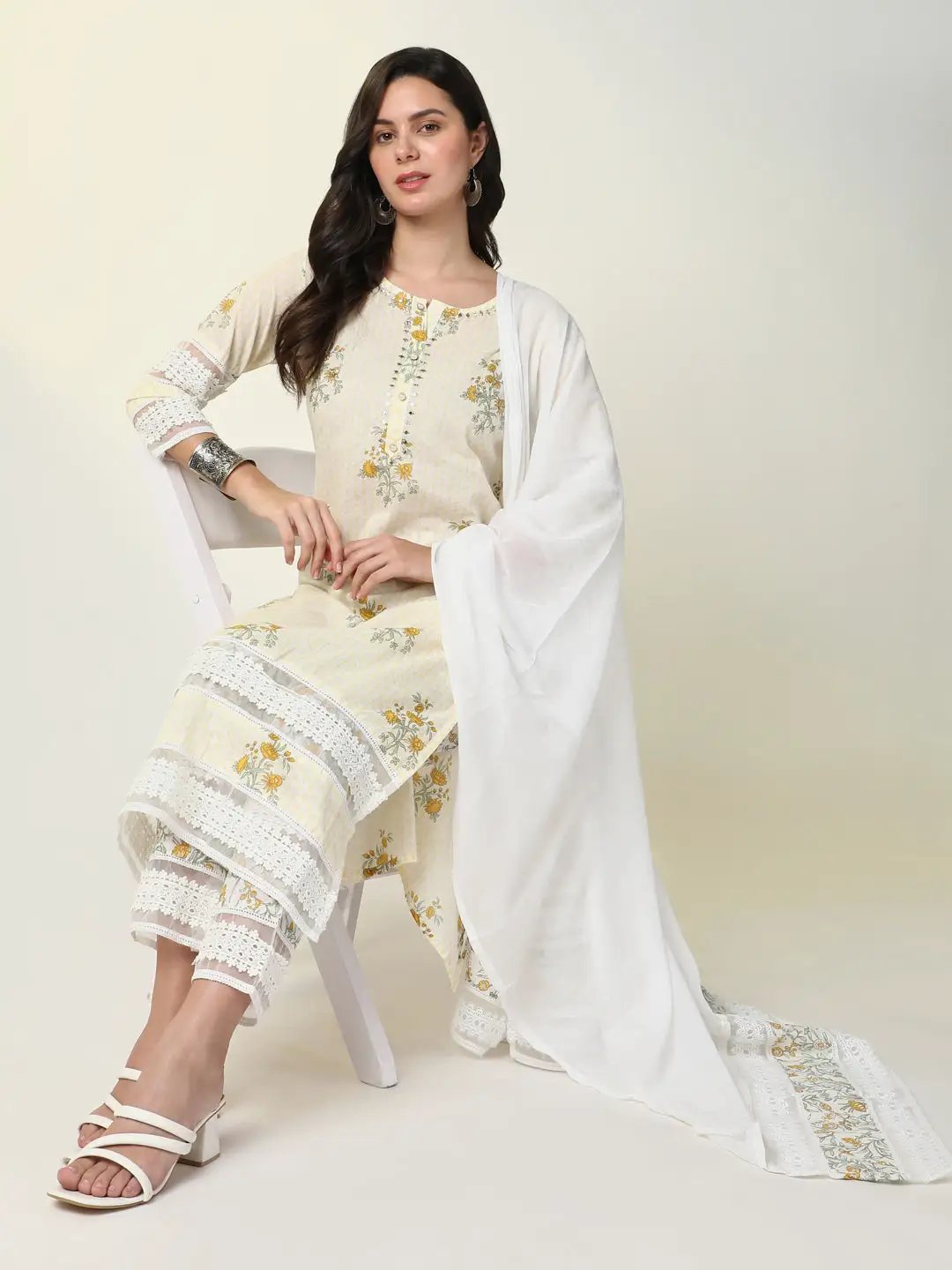 Women's Cream Floral Kurta Set with Dupatta