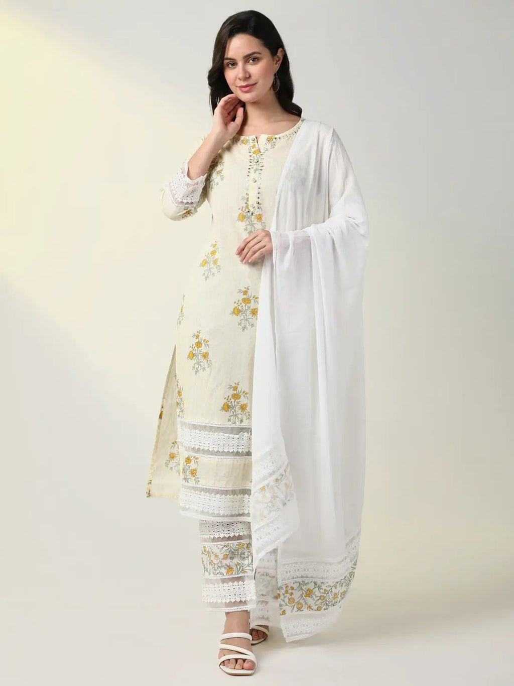 Women's Cream Floral Kurta Set with Dupatta
