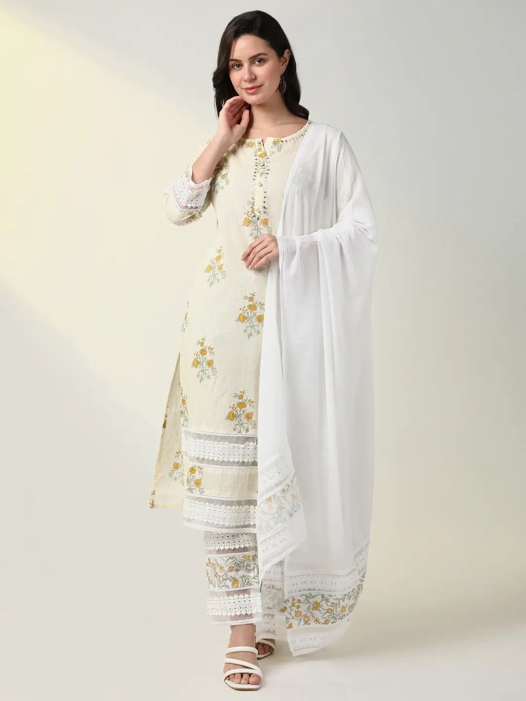 Women's Cream Floral Kurta Set with Dupatta