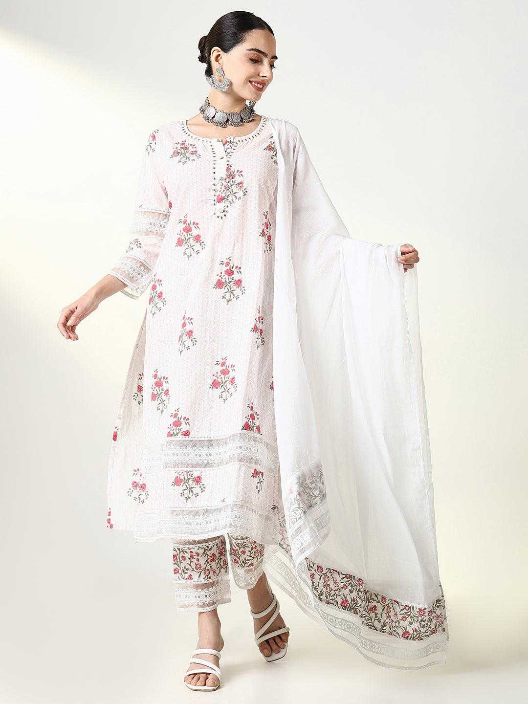 Women's Floral Prints Pink Straight Kurta Set with Dupatta