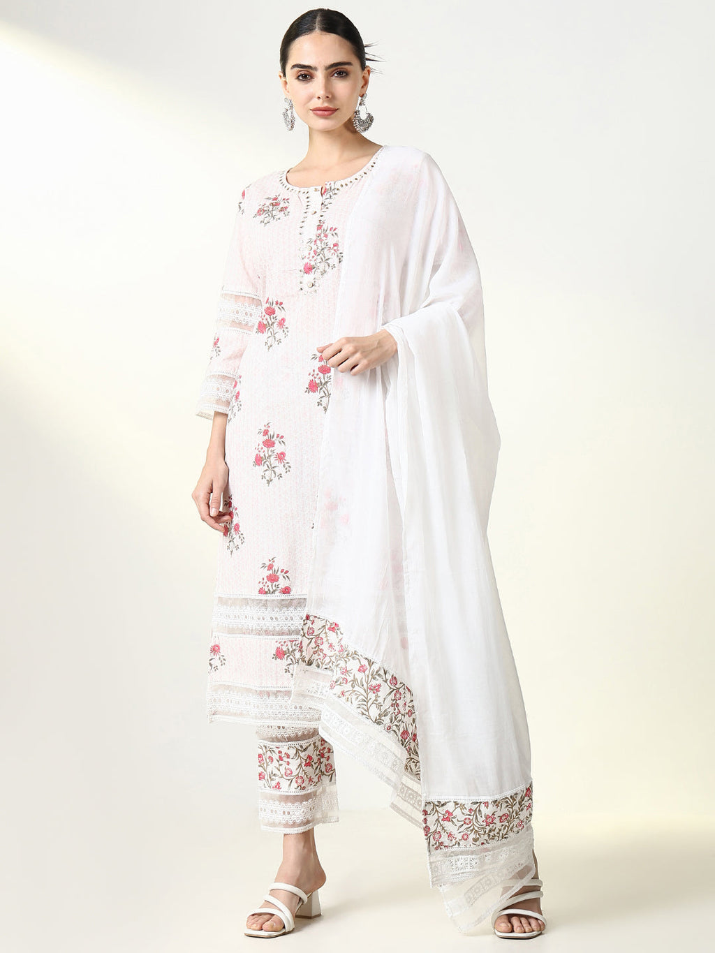 Women's Floral Prints Pink Straight Kurta Set with Dupatta