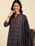 Women's Navy Blue Floral Printed Sequinned Kurta Set with Dupatta