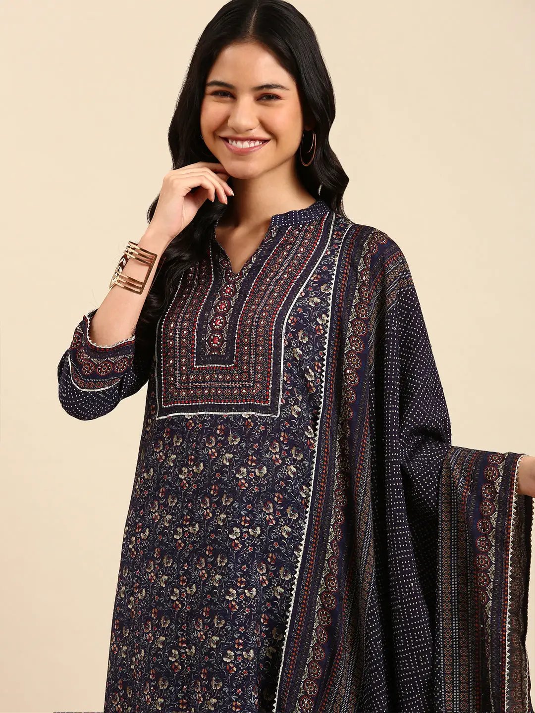 Women's Navy Blue Floral Printed Sequinned Kurta Set with Dupatta
