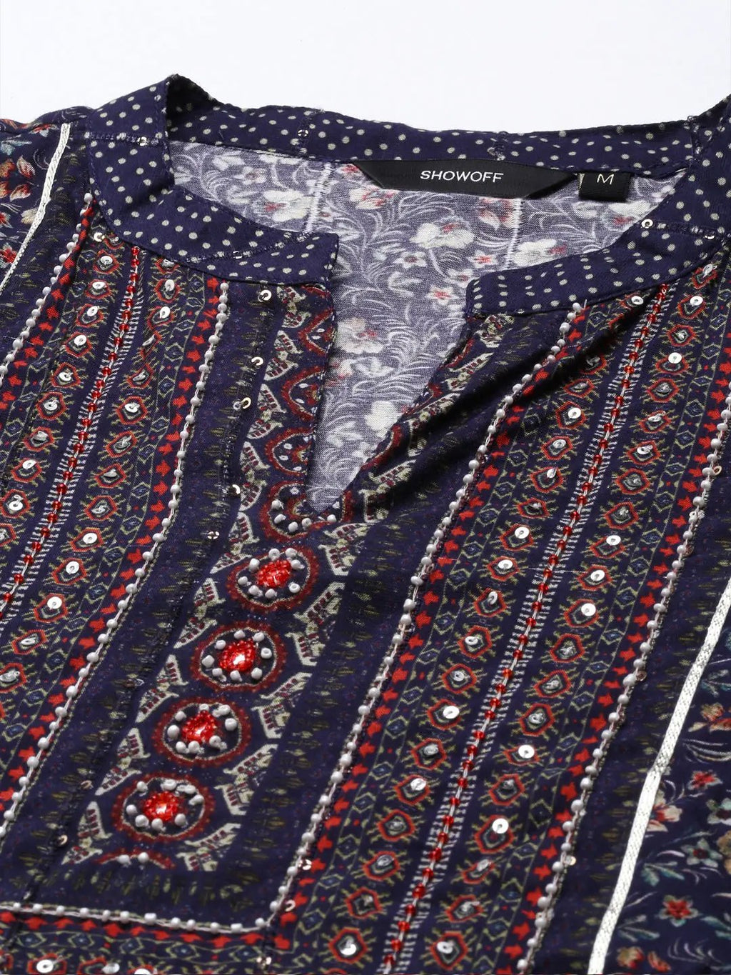 Women's Navy Blue Floral Printed Sequinned Kurta Set with Dupatta