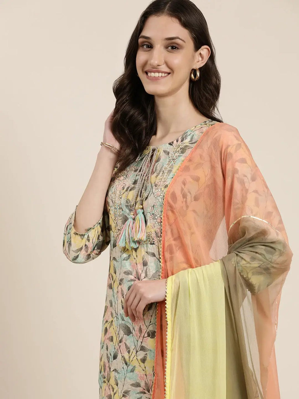 Women's Multi Floral Printed Tie-Up Neck Beads & Stones Thread Work Kurta Set With Dupatta