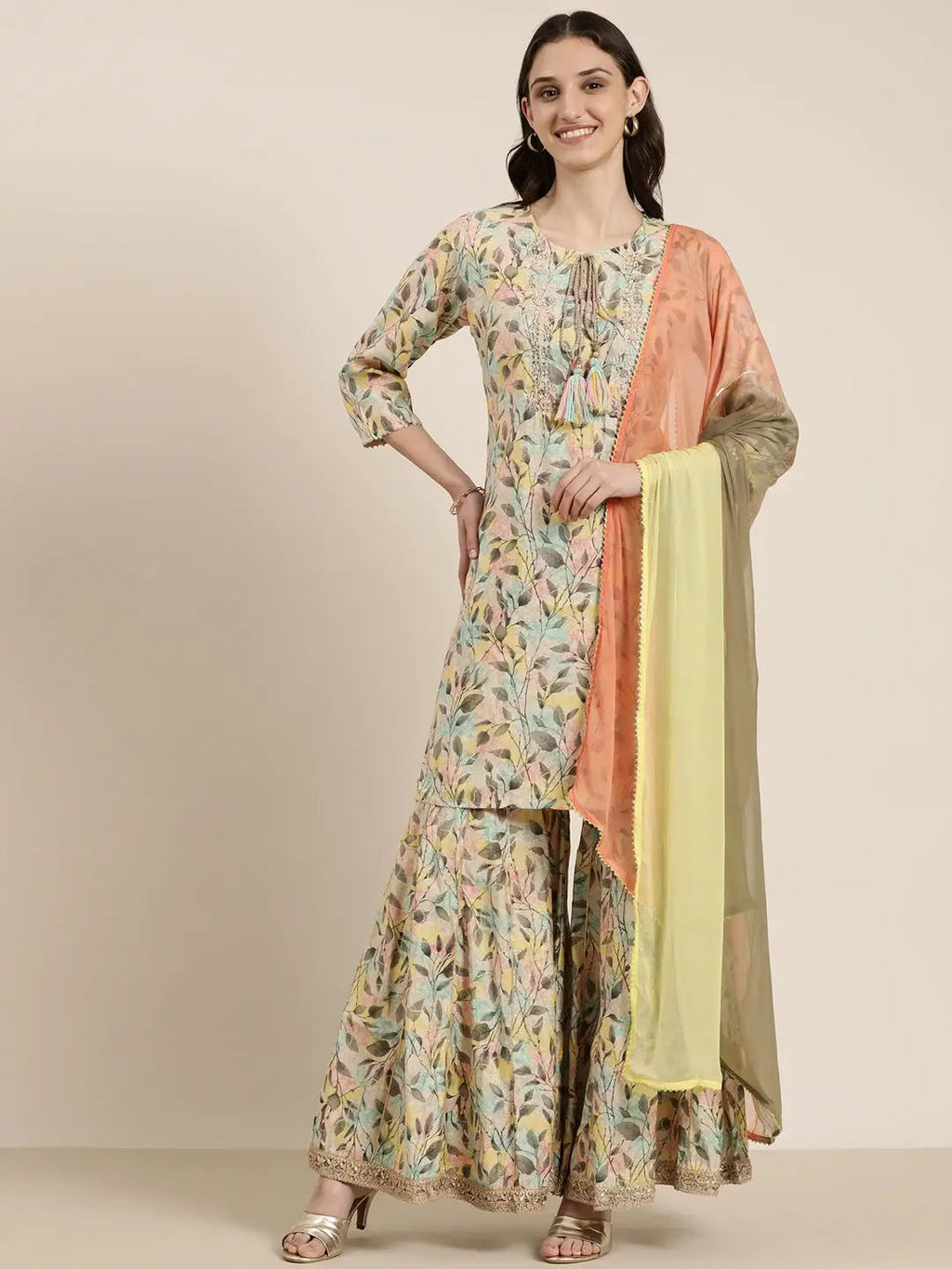 Women's Multi Floral Printed Tie-Up Neck Beads & Stones Thread Work Kurta Set With Dupatta