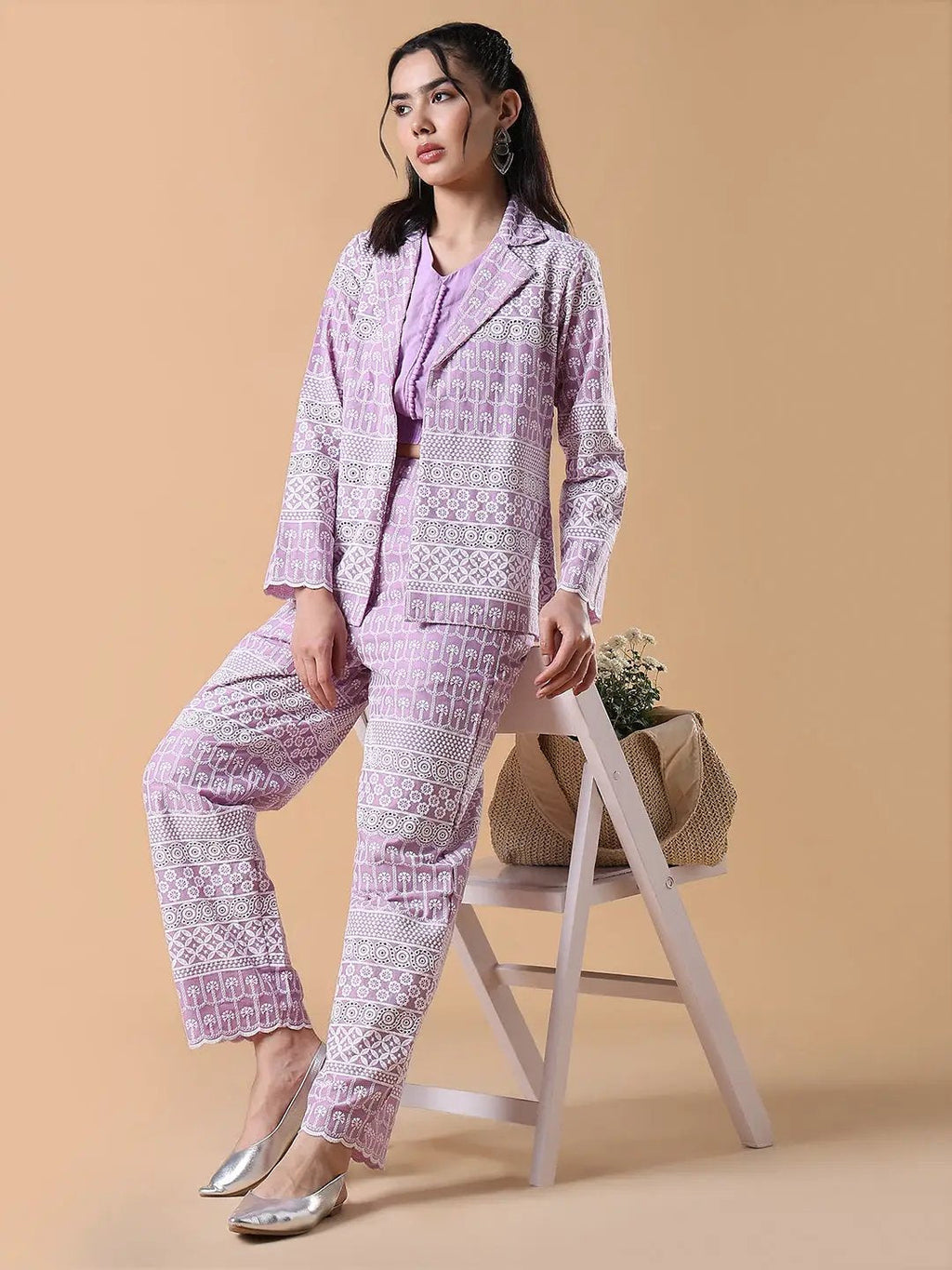 Women's Lavender Embroidered Co-ords Set with Blazer