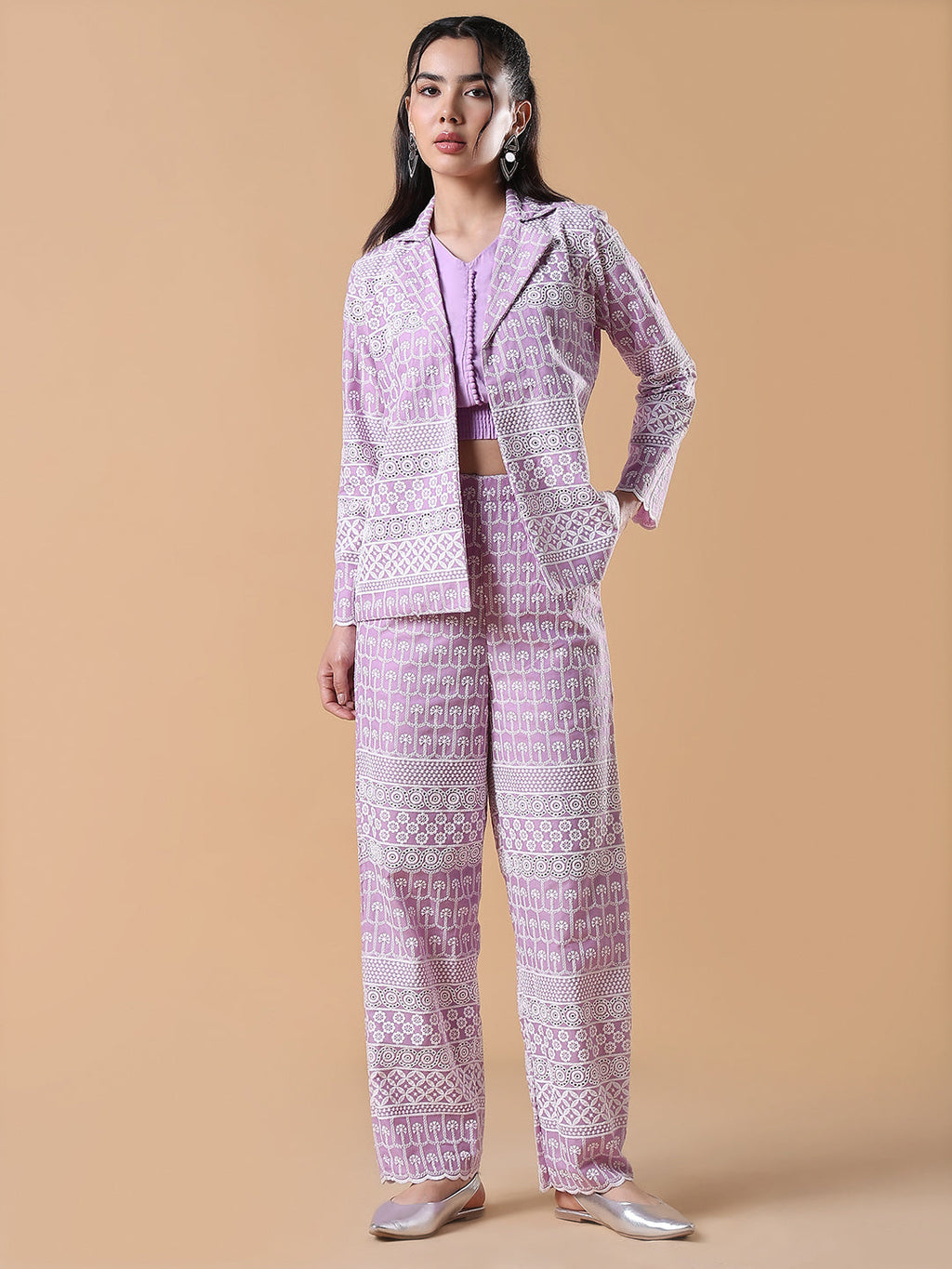 Women's Lavender Embroidered Co-ords Set with Blazer