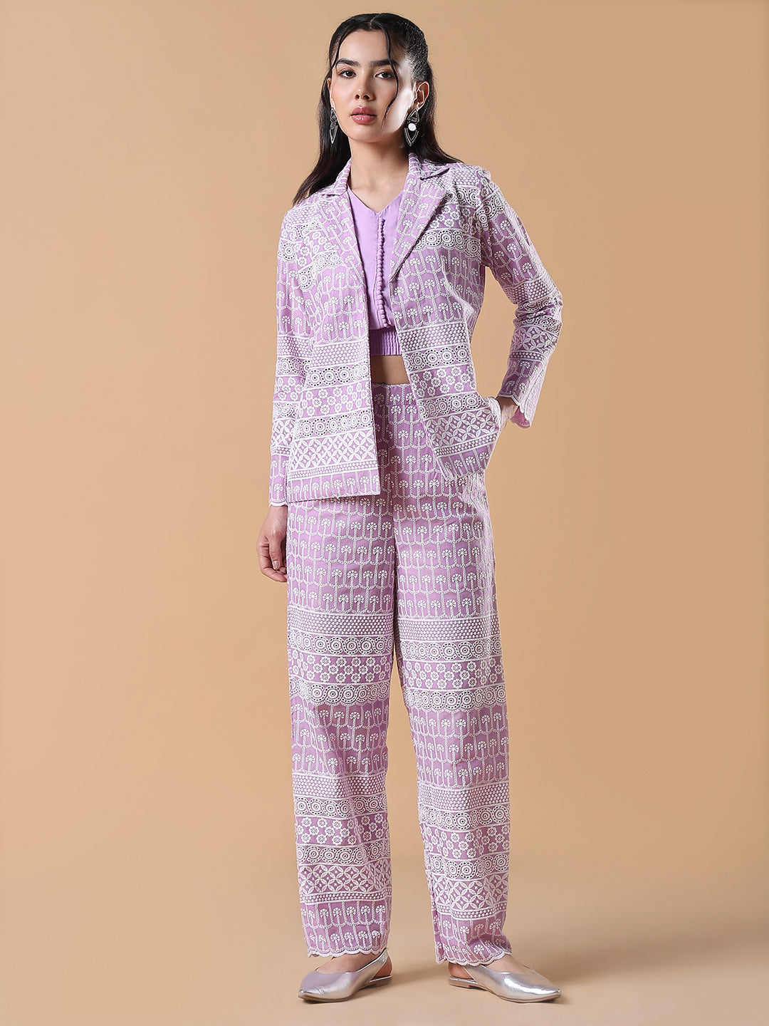 Women's Lavender Embroidered Co-ords Set with Blazer