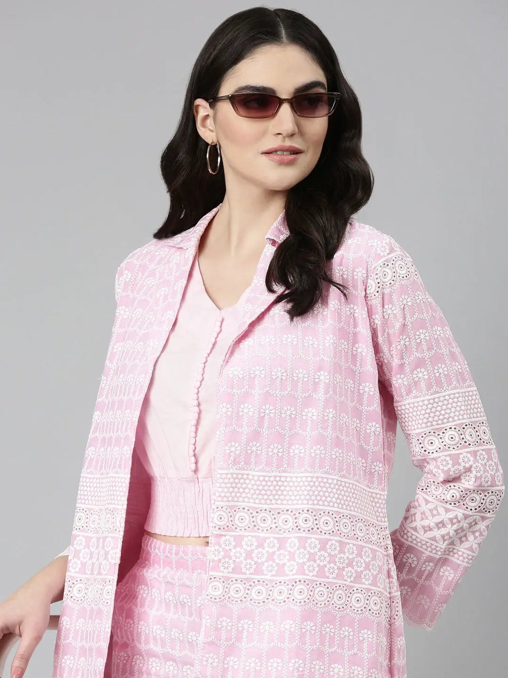 Women's Pink Embroidered Co-Ords Set With Blazer