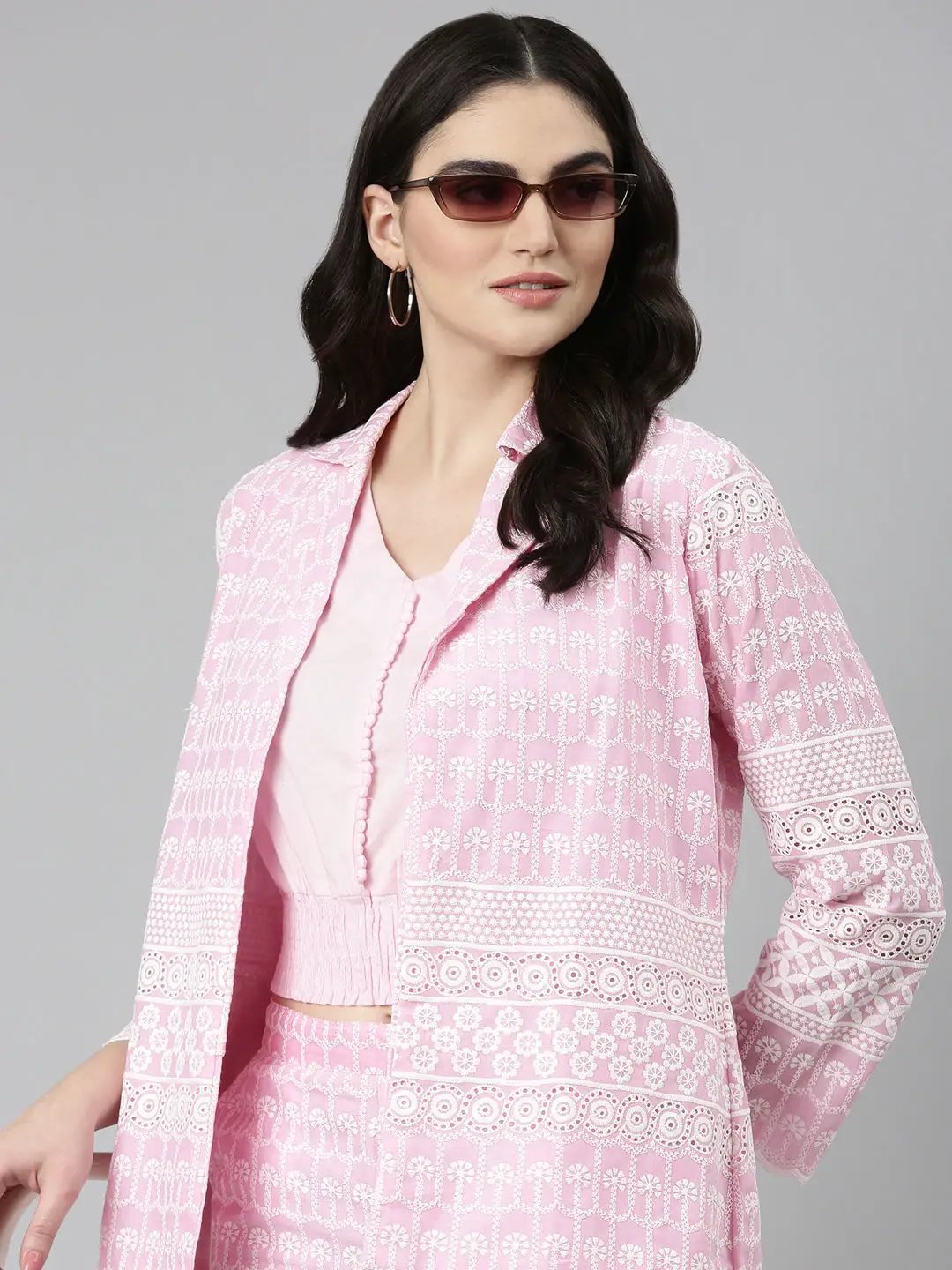 Women's Pink Embroidered Co-Ords Set With Blazer