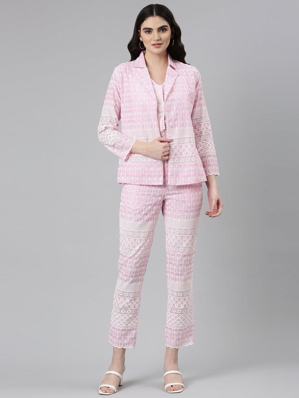 Women's Pink Embroidered Co-Ords Set With Blazer