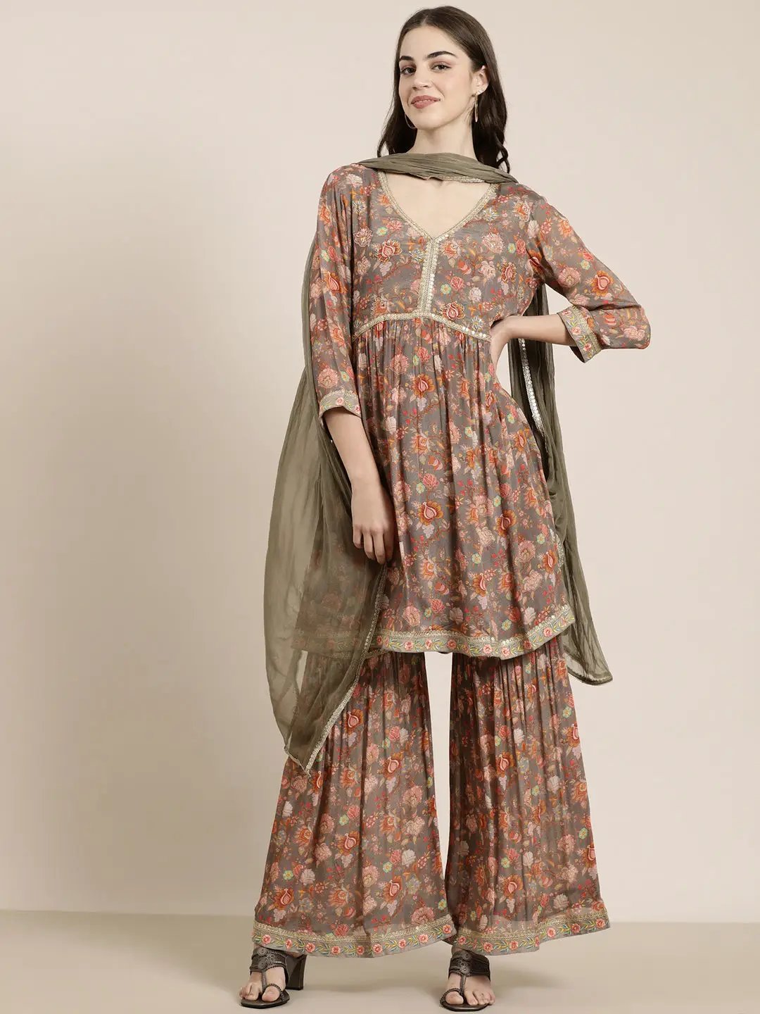 Women's Taupe Floral Printed Empire Sequinned A-Line Kurta Set With Dupatta