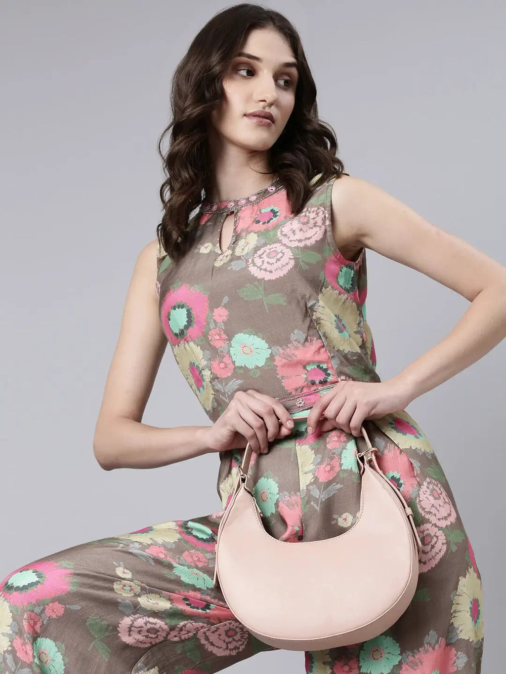 Women's Taupe Floral Printed Sleeveless Basic Jumpsuit With Waist Tie-Ups