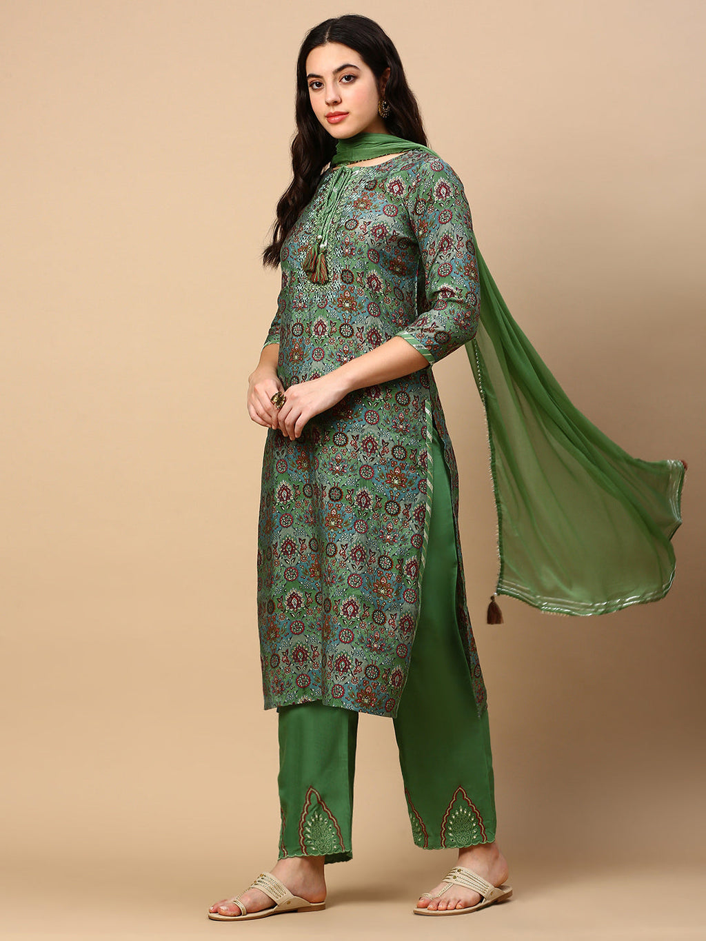 Women's Graphic Green Ethnic Straight Kurta Set with Dupatta