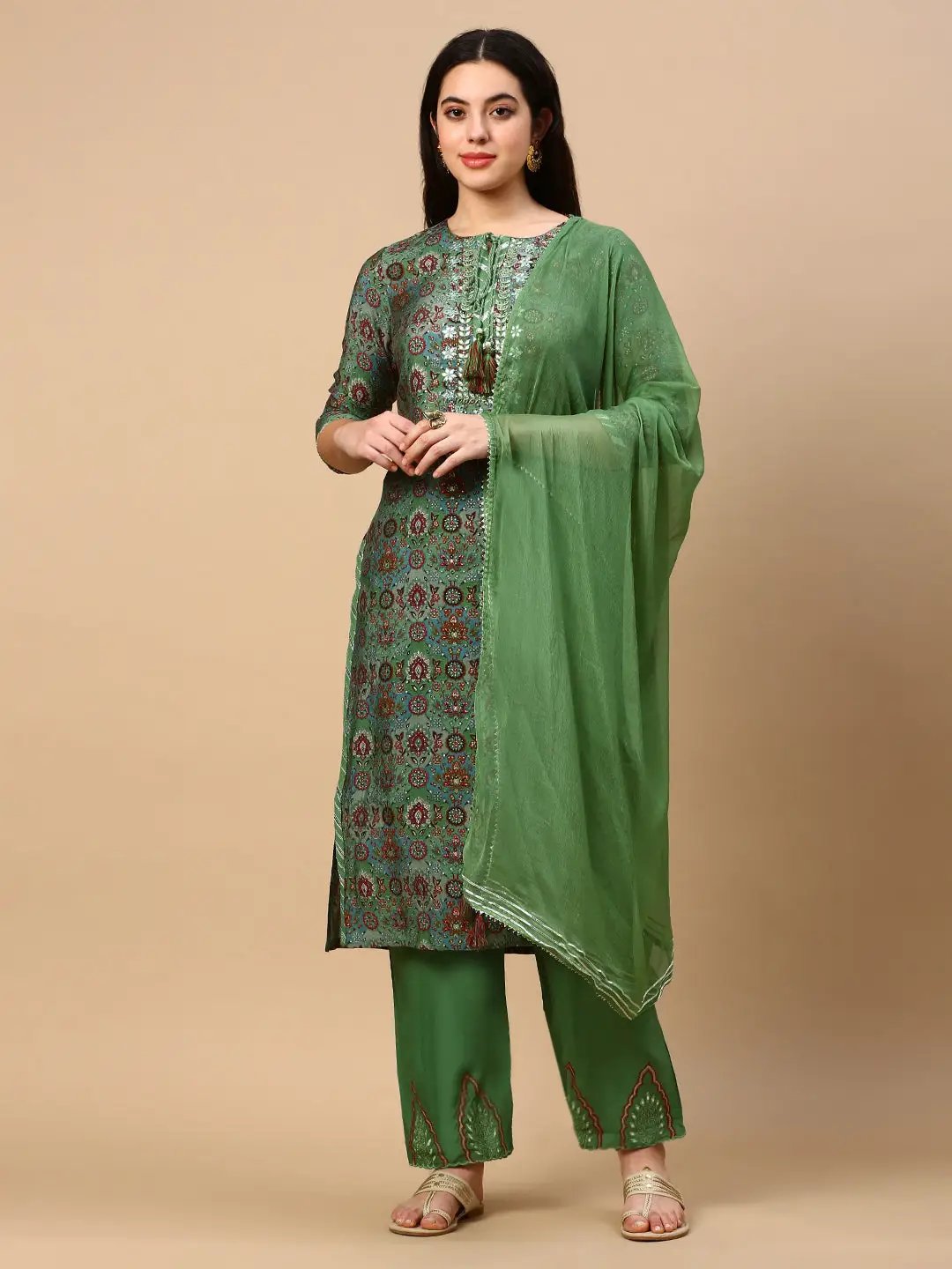 Women's Graphic Green Ethnic Straight Kurta Set with Dupatta